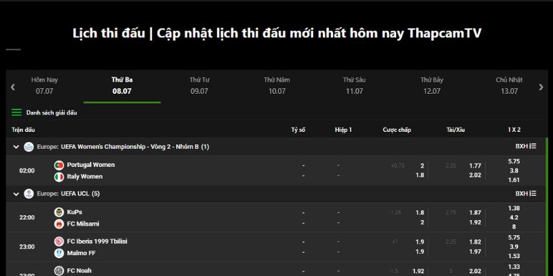 Cập nhật lịch thi đấu